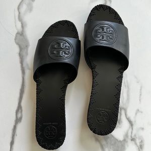Tory Burch black leather wooden wedge slides 8.5
